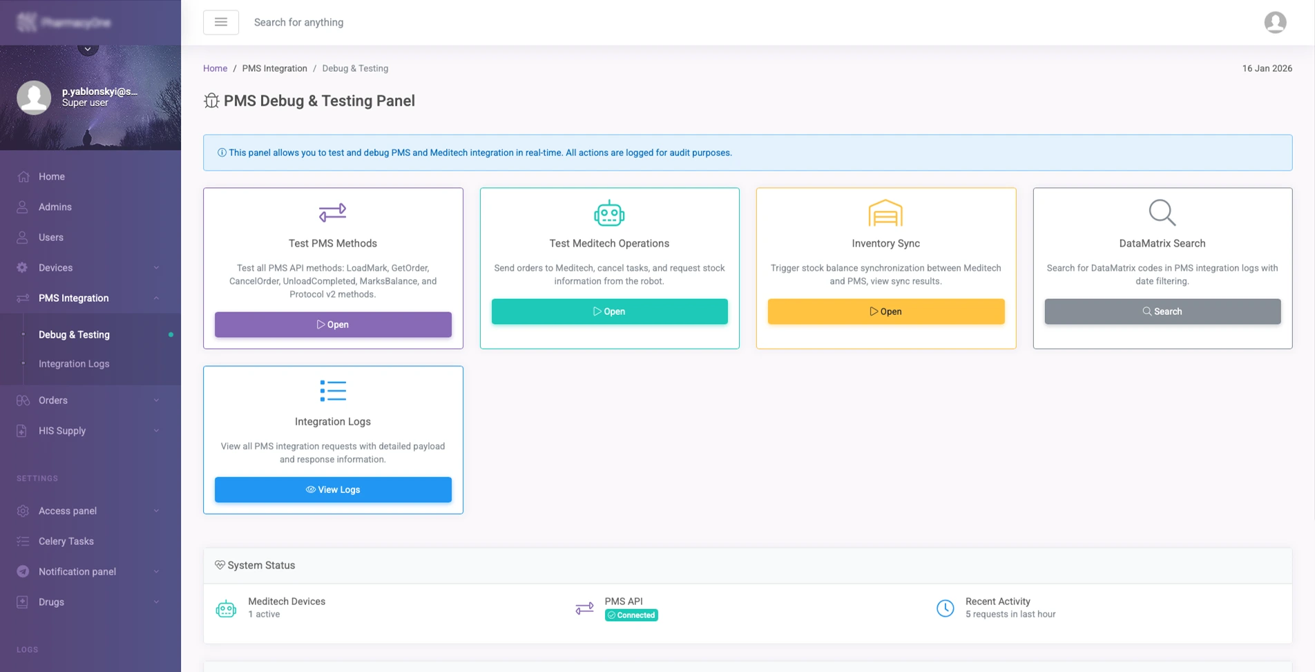 PMS debug and testing panel with tools for PMS methods, Meditech operations, inventory sync, and DataMatrix search