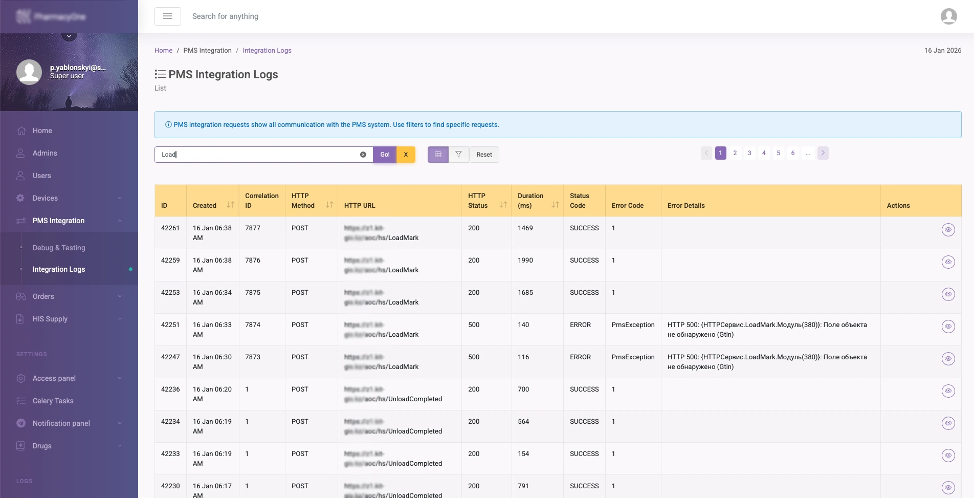 PMS integration logs table showing correlation ID, HTTP URL, status code, duration, and error details