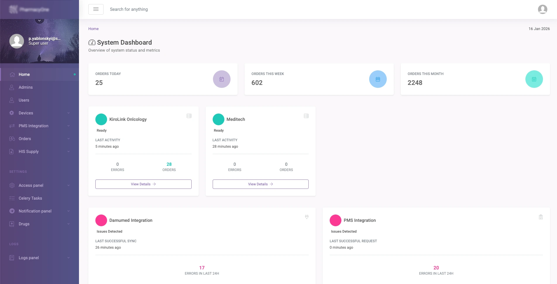 Analytics charts showing orders trend, status distribution donut, and device performance for completed vs failed operations